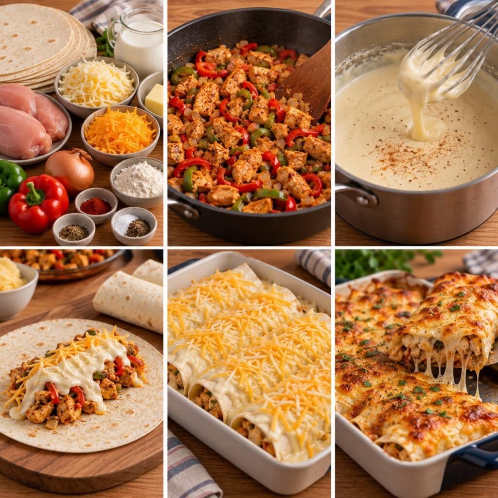 Tacos gratinés au poulet garnis de poivron, cheddar et béchamel, recouverts de fromage fondu et doré au four.