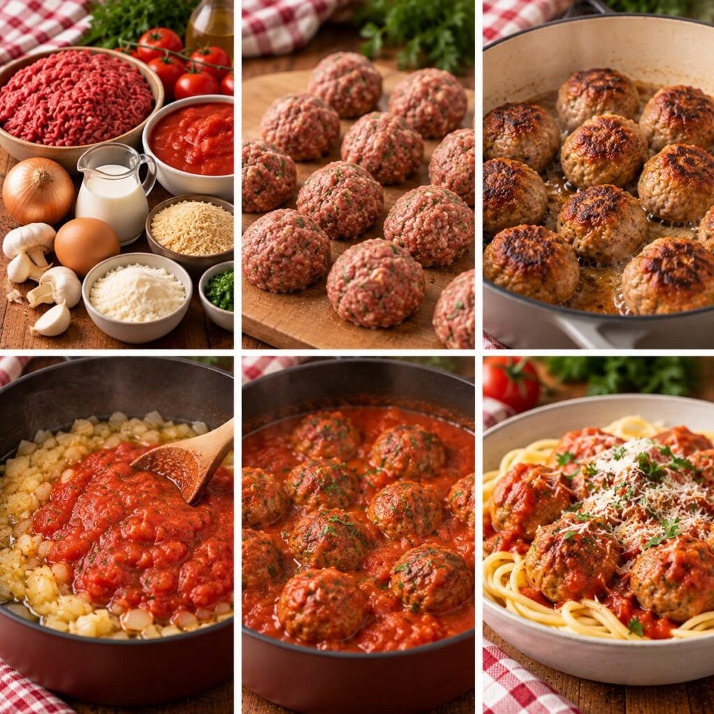 Boulettes de bœuf dorées mijotées dans une sauce tomate maison aux oignons et à l’ail, servies bien chaudes.
