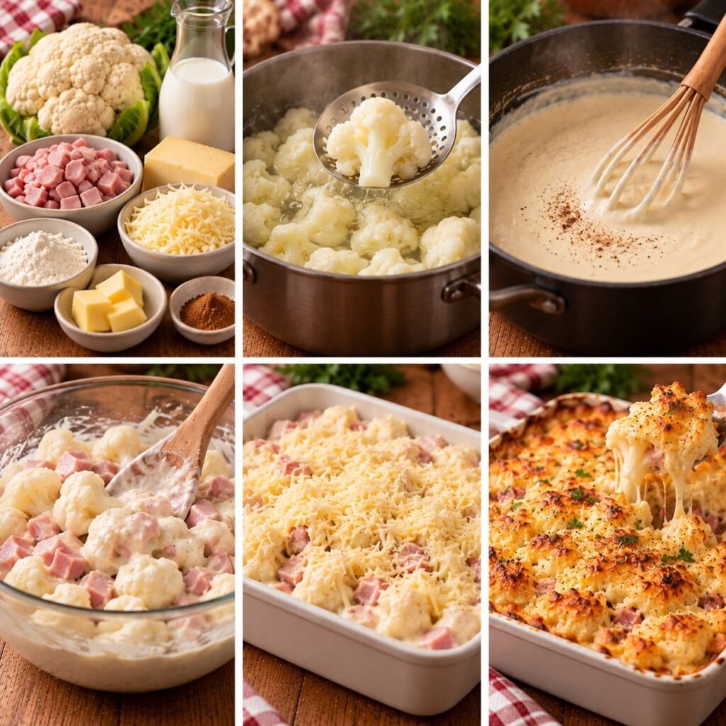 Gratin de chou-fleur au jambon nappé de béchamel crémeuse et recouvert de fromage fondu et doré dans un plat familial.