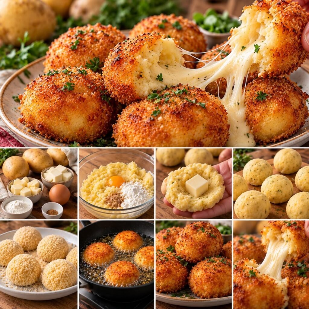 Croquettes de pommes de terre dorées et croustillantes ouvertes en deux, avec un cœur coulant de scamorza fumée et une purée fondante.