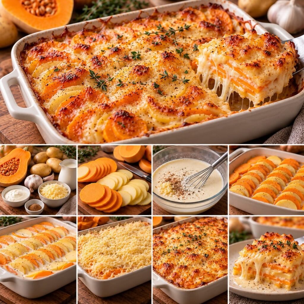 Gratin de butternut et pommes de terre en fines rondelles, nappé de crème et recouvert d’emmental fondu et bien doré.