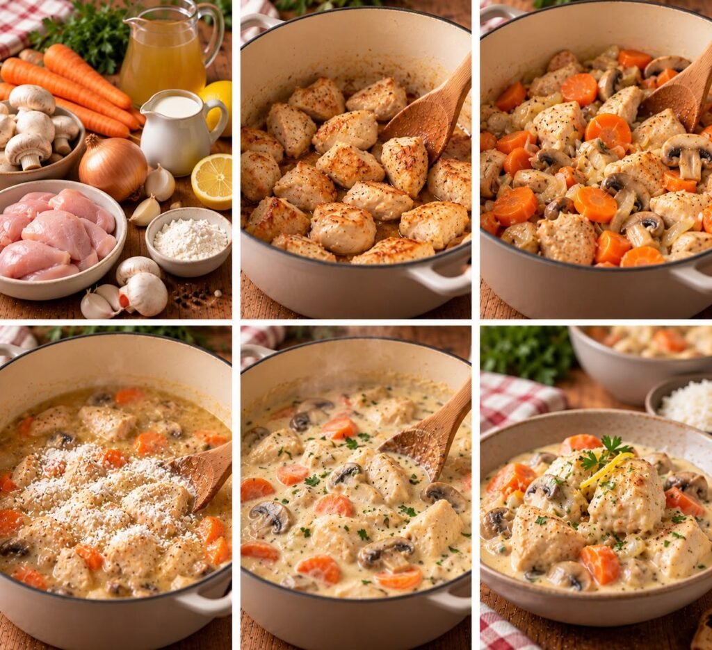 Blanquette de poulet express avec morceaux de poulet, carottes, champignons et sauce crémeuse au citron servie bien chaude.