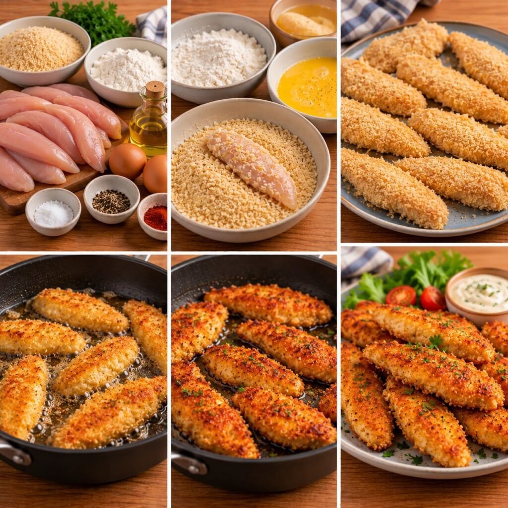 Aiguillettes de poulet panées croustillantes et dorées à la poêle, servies chaudes avec une chapelure bien colorée.
