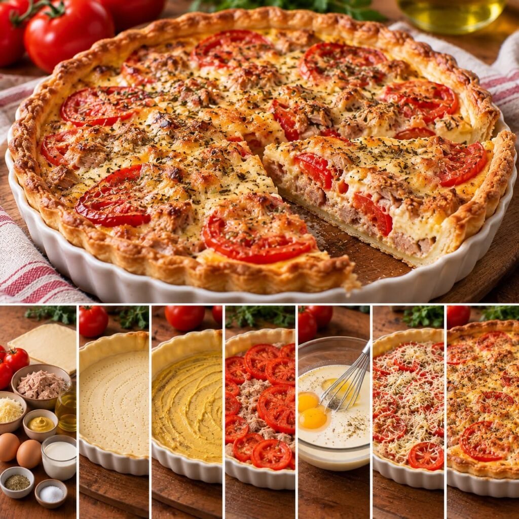 Tarte au thon et tomates bien dorée, garnie de moutarde, crème, fromage râpé et herbes de Provence.