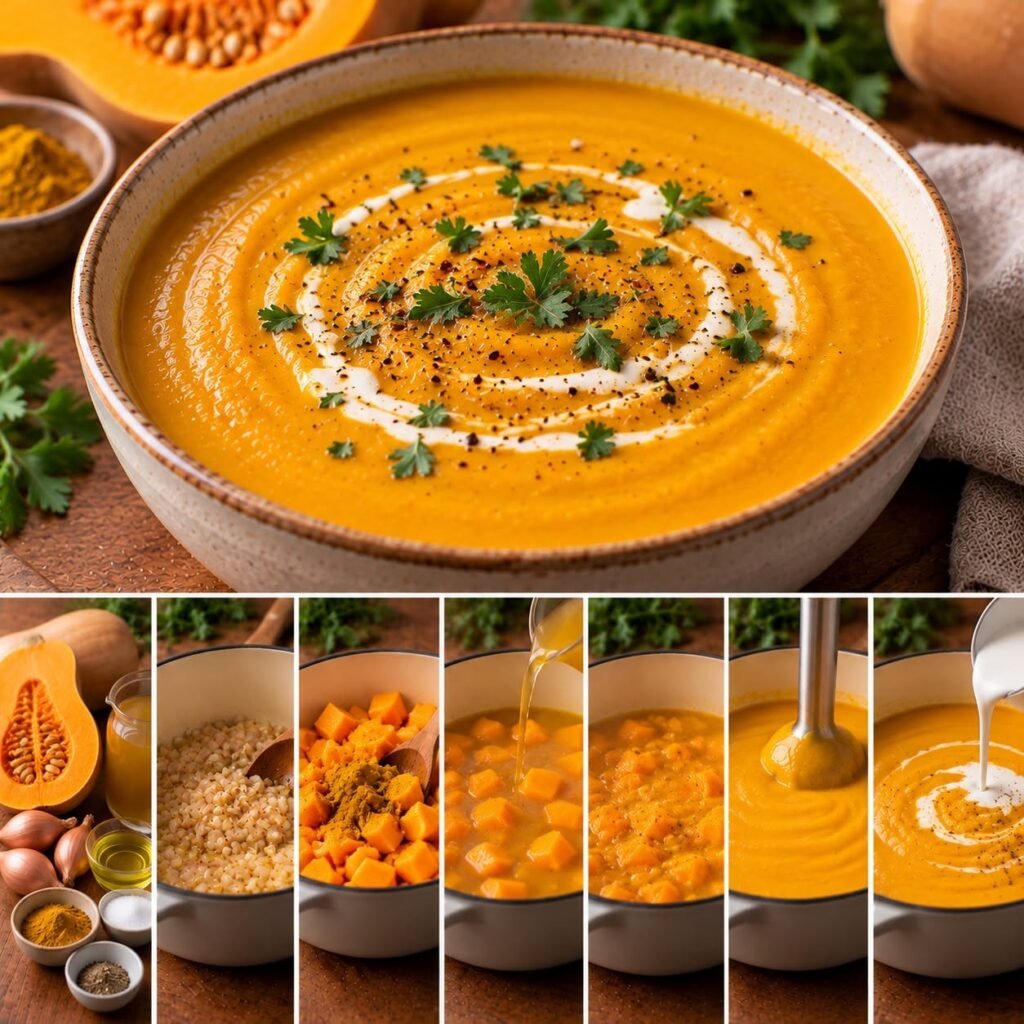 Bol de velouté de butternut au curry, lisse et crémeux, servi chaud avec un filet de crème et quelques épices.