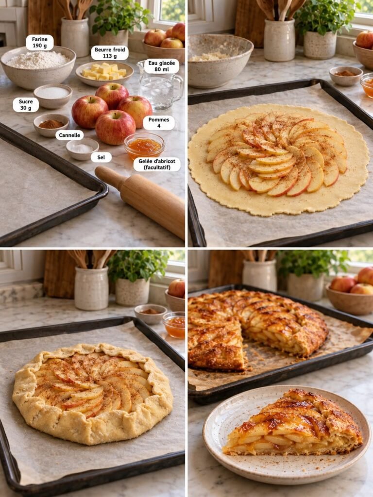 Tarte rustique aux pommes dorée au four, avec fines tranches de pommes, pâte au beurre croustillante et bords repliés.