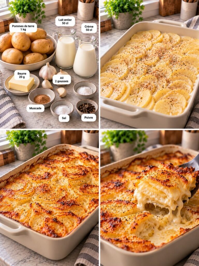 Gratin dauphinois traditionnel bien doré, avec fines rondelles de pommes de terre fondantes dans une sauce crémeuse à l’ail.