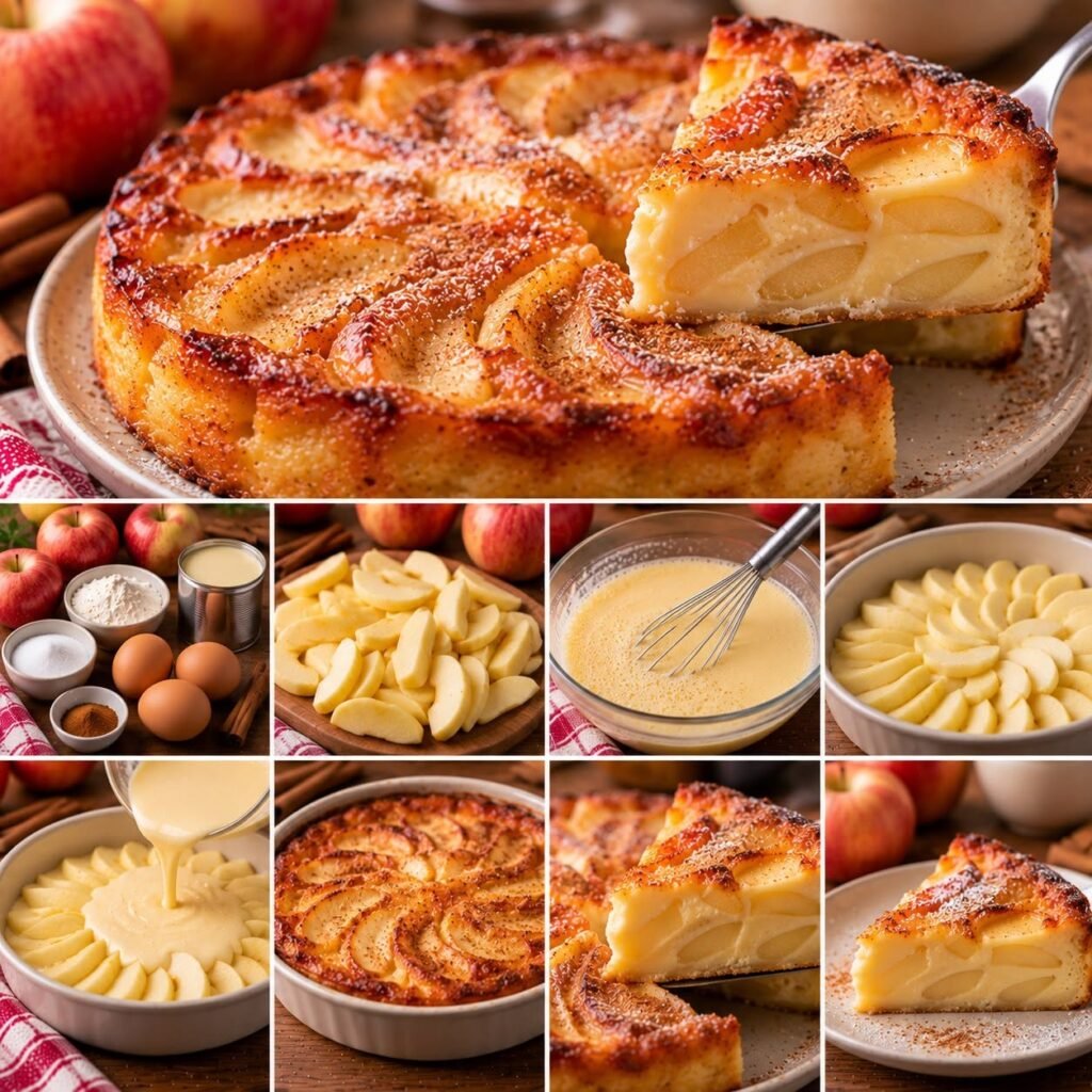 Flan aux pommes et au lait concentré maison, à la texture crémeuse et fondante, garni de fines lamelles de pommes, avec une surface légèrement dorée et parfumée à la cannelle.