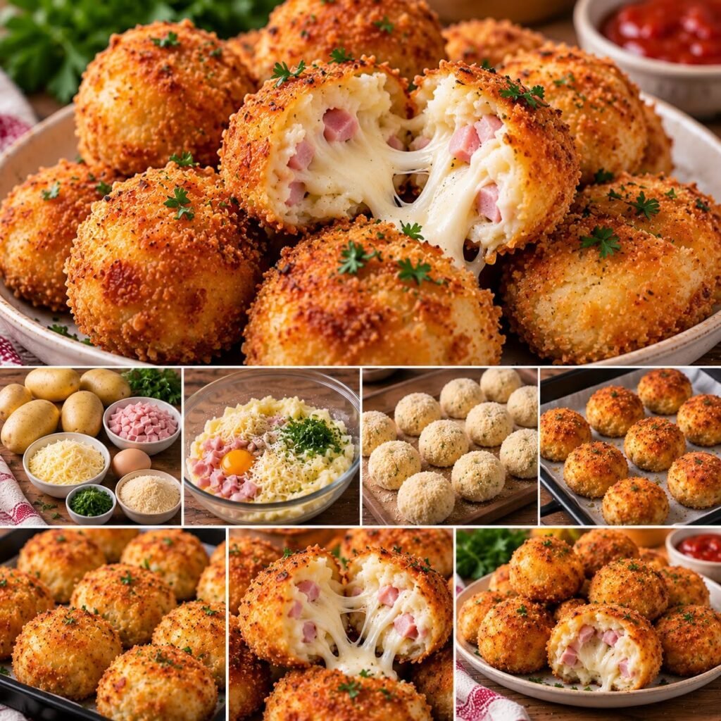 Croquettes de pommes de terre au jambon et mozzarella, dorées et croustillantes au four, servies bien chaudes.