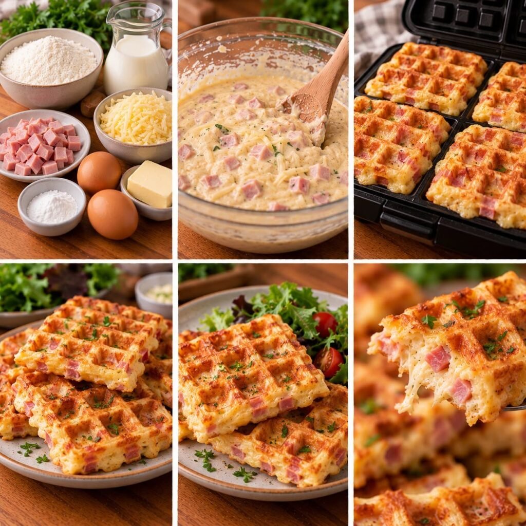 Gaufres salées maison au jambon et fromage râpé, dorées et croustillantes à l’extérieur, moelleuses à l’intérieur, servies sur une assiette avec une salade verte fraîche.