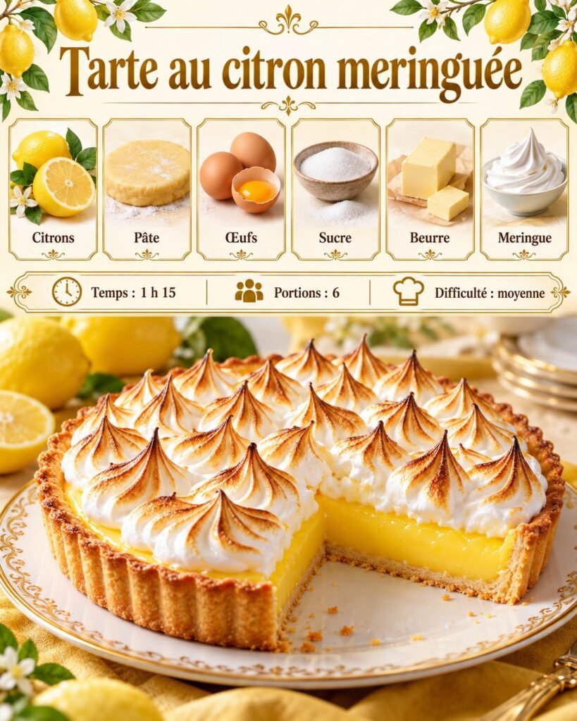 Tarte au citron meringuée avec pâte sablée dorée, crème citron lisse et meringue légèrement caramélisée au chalumeau.