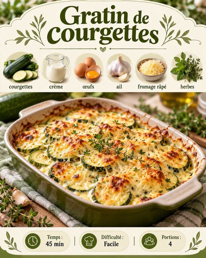 Gratin de courgettes doré au four, avec rondelles de courgettes fondantes, crème, œufs, ail et fromage gratiné.