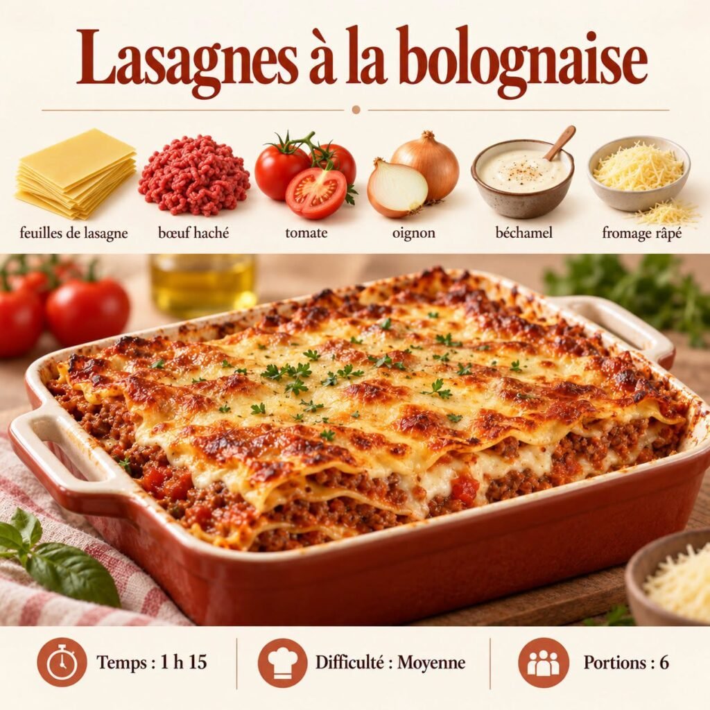 Part de lasagnes à la bolognaise bien gratinées, avec couches de pâtes, sauce au bœuf, béchamel crémeuse et fromage fondu.