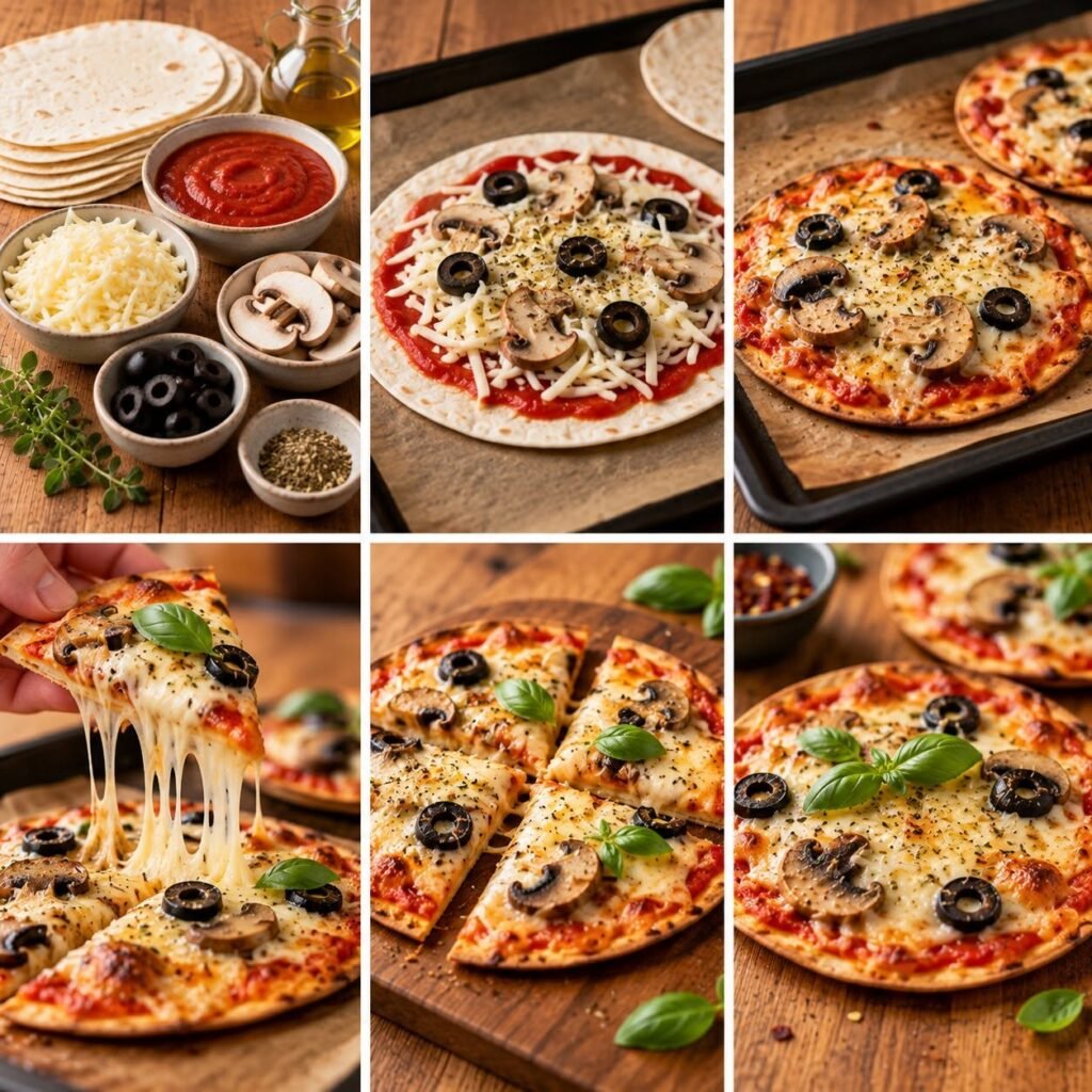 Pizza tortilla individuelle croustillante garnie de sauce tomate, mozzarella fondante, champignons émincés, olives noires et basilic frais, servie sur une assiette.