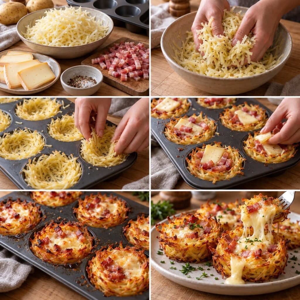 Nids de pommes de terre râpées croustillants, garnis de lardons dorés et de fromage à raclette fondant, cuits dans des moules à muffins.