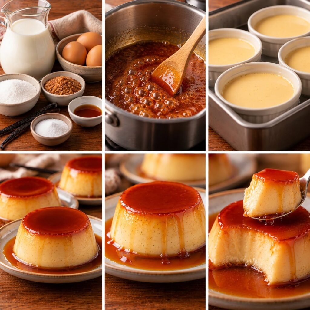 Flans vanille au caramel façon grand-mère, démoulés dans de petites assiettes blanches, avec une texture lisse et fondante, une belle couleur dorée et une généreuse sauce caramel ambrée.