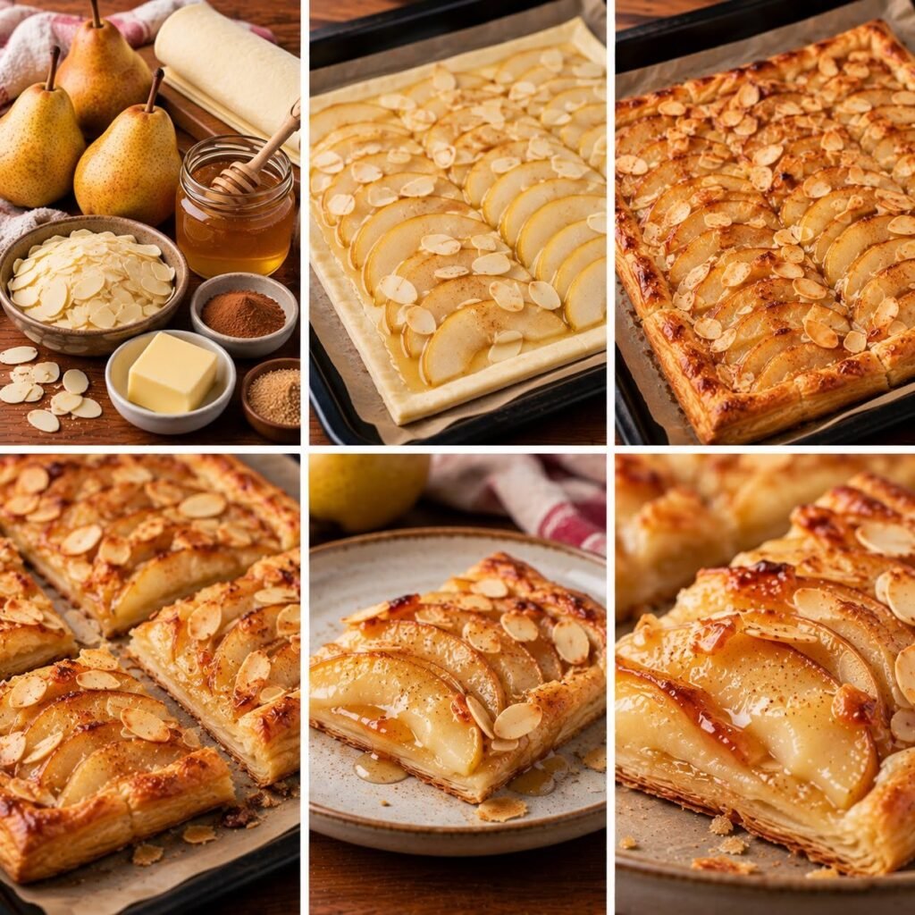 Tarte fine aux poires, miel et amandes effilées sur une pâte feuilletée dorée et croustillante, garnie de fines lamelles de poires caramélisées, d'amandes grillées et d'un filet de miel brillant.