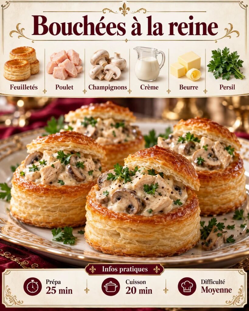 Bouchées à la reine maison garnies de morceaux de poulet tendre, de champignons émincés et d'une sauce crémeuse, servies dans des feuilletés dorés et croustillants, parsemés de persil frais.