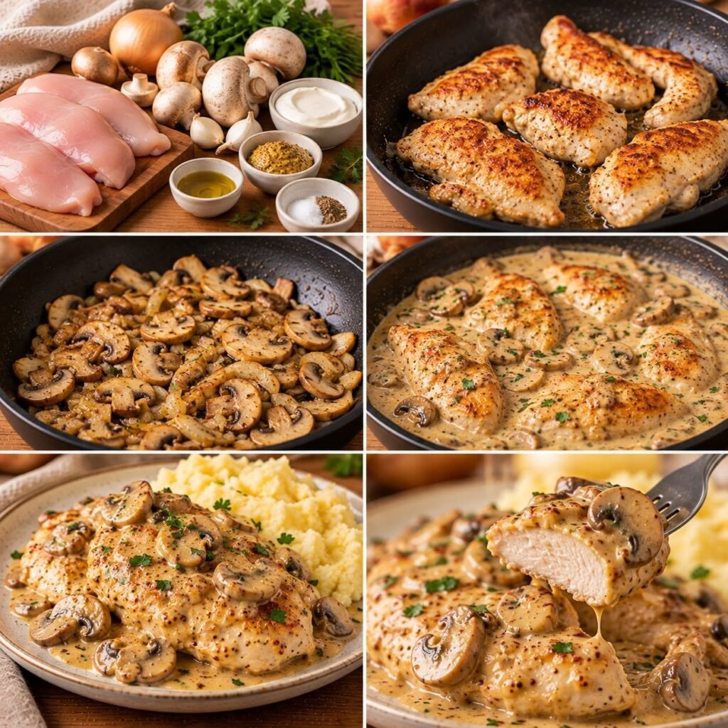 Poulet crémeux à la moutarde et aux champignons dans une sauce onctueuse, servi chaud avec du thym frais.
