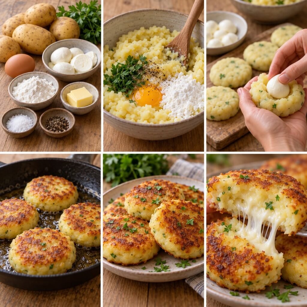 Galettes de pommes de terre dorées à la poêle, ouvertes sur un cœur de mozzarella fondante, avec parmesan, ail et persil.