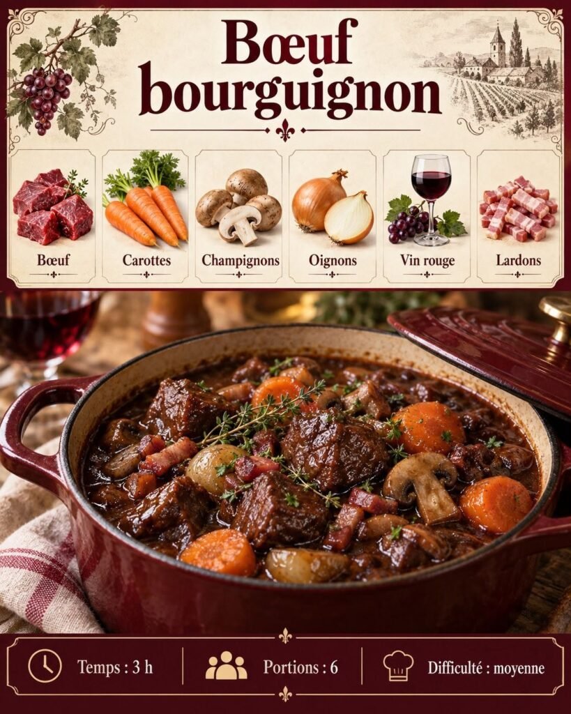 Bœuf bourguignon traditionnel servi dans une cocotte en fonte, avec de généreux morceaux de bœuf mijotés, des carottes fondantes, des champignons, des lardons et une sauce au vin rouge épaisse et brillante.