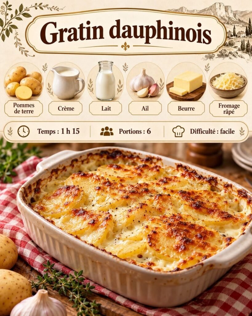 Gratin dauphinois maison dans un plat à gratin, composé de fines rondelles de pommes de terre fondantes, nappées de crème onctueuse et recouvertes d'une croûte de fromage dorée au four.