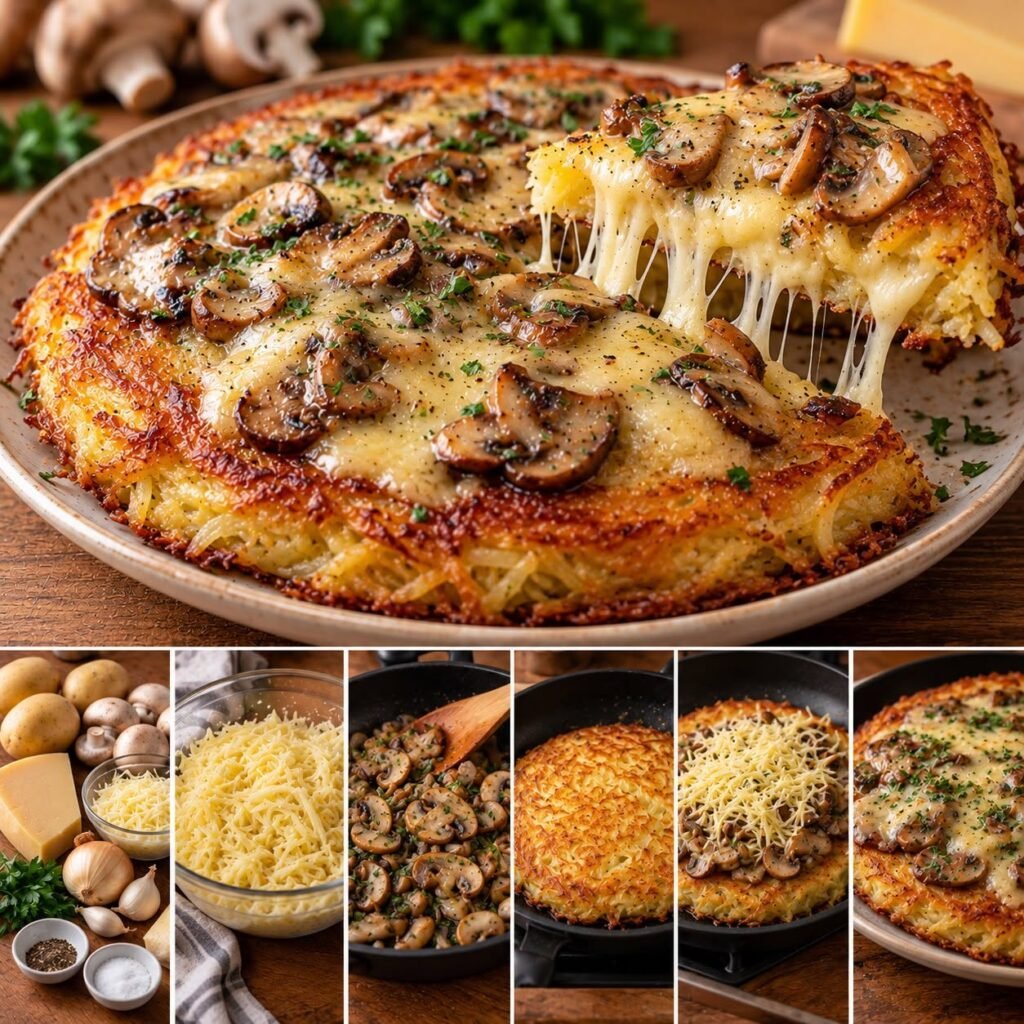 Rösti géant de pommes de terre doré et croustillant, garni de champignons poêlés, d'échalote et de comté fondu, présenté dans une grande poêle avec une croûte gratinée et appétissante.