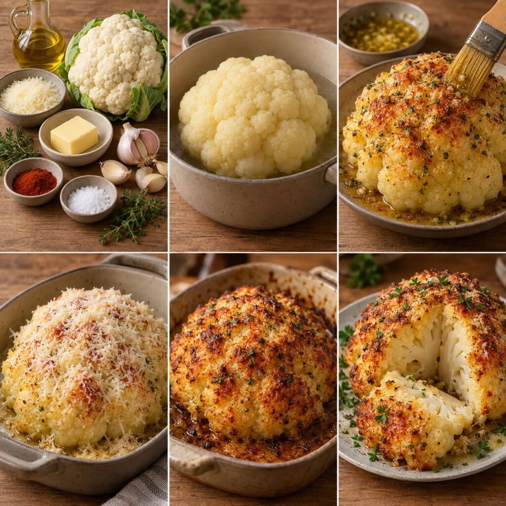 Chou-fleur entier rôti au four, recouvert de beurre à l’ail et de parmesan gratiné, avec une croûte dorée et croustillante, parsemé de persil frais dans un plat de cuisson.
