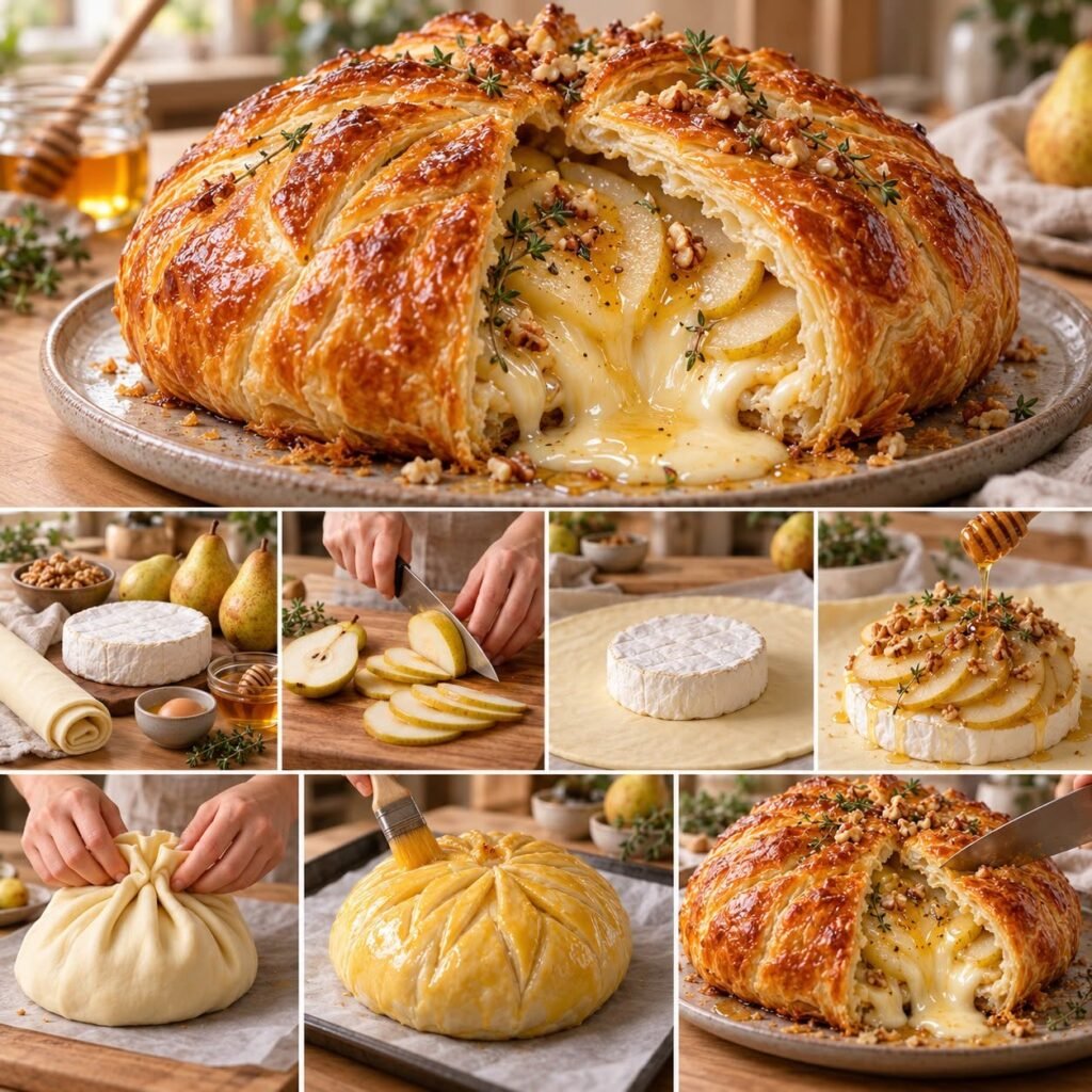 Feuilleté géant au brie, poires et miel, enveloppé dans une pâte feuilletée dorée et croustillante, garni de noix concassées, avec un cœur de fromage fondant visible à la découpe.