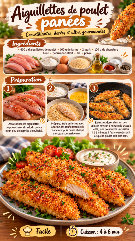 Aiguillettes de poulet panées croustillantes et dorées à la poêle, servies chaudes avec une chapelure bien colorée.