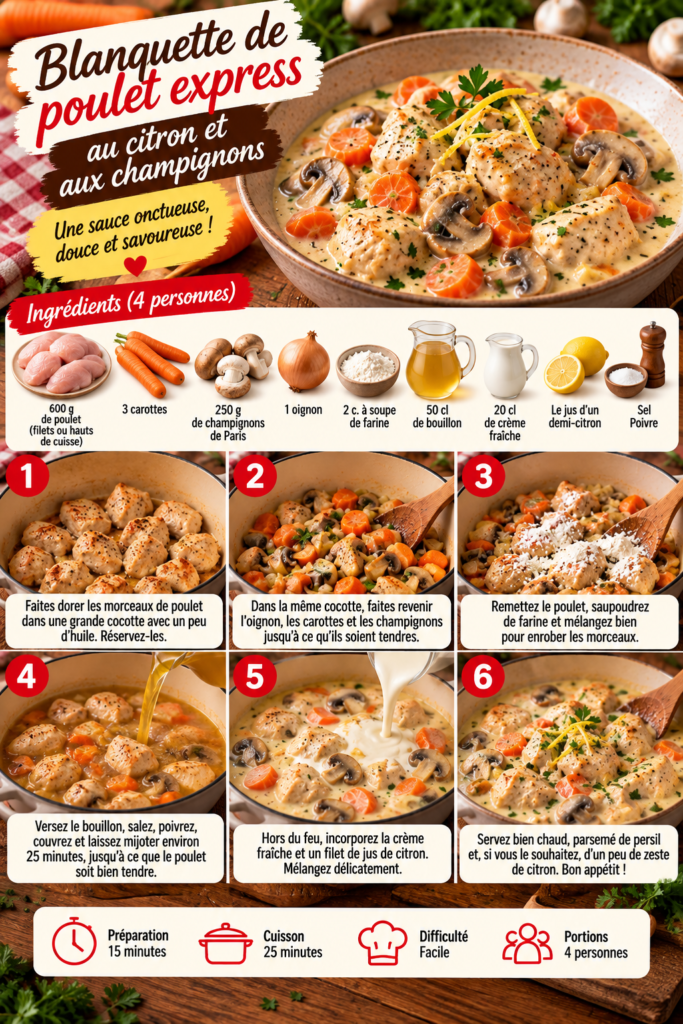 Blanquette de poulet express avec morceaux de poulet, carottes, champignons et sauce crémeuse au citron servie bien chaude.