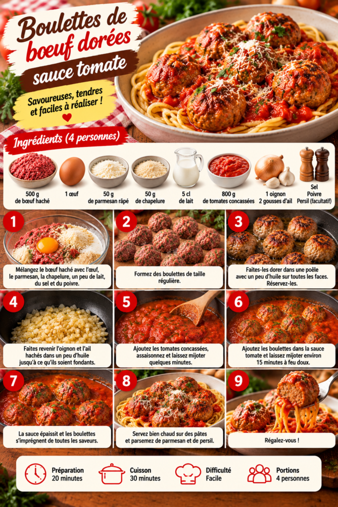 Boulettes de bœuf dorées mijotées dans une sauce tomate maison aux oignons et à l’ail, servies bien chaudes.