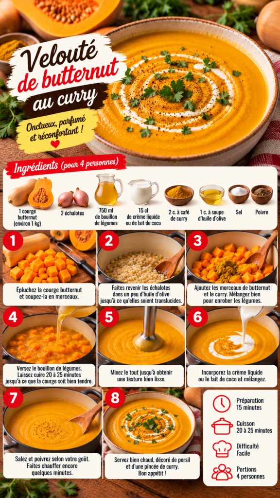 Bol de velouté de butternut au curry, lisse et crémeux, servi chaud avec un filet de crème et quelques épices.