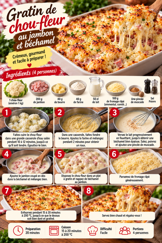 Gratin de chou-fleur au jambon nappé de béchamel crémeuse et recouvert de fromage fondu et doré dans un plat familial.