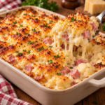 Gratin de chou-fleur au jambon nappé de béchamel crémeuse et recouvert de fromage fondu et doré dans un plat familial.