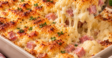 Gratin de chou-fleur au jambon nappé de béchamel crémeuse et recouvert de fromage fondu et doré dans un plat familial.
