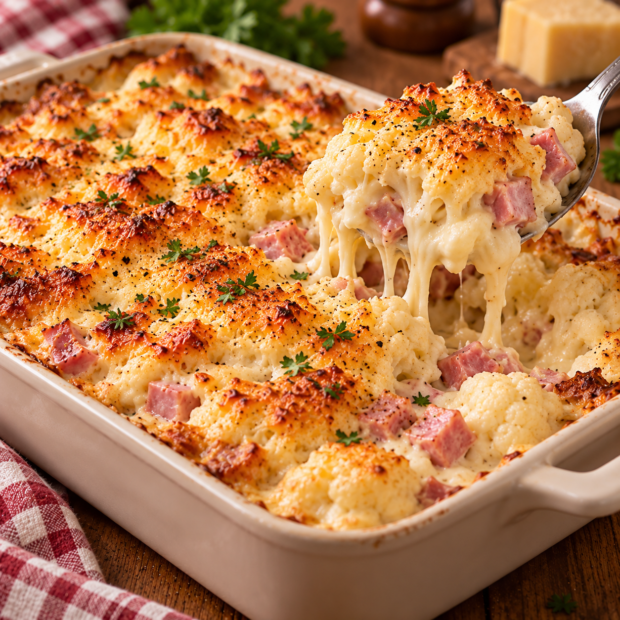 Gratin de chou-fleur au jambon nappé de béchamel crémeuse et recouvert de fromage fondu et doré dans un plat familial.