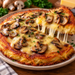 Rösti géant de pommes de terre doré et croustillant, garni de champignons poêlés, d'échalote et de comté fondu, présenté dans une grande poêle avec une croûte gratinée et appétissante.