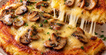 Rösti géant de pommes de terre doré et croustillant, garni de champignons poêlés, d'échalote et de comté fondu, présenté dans une grande poêle avec une croûte gratinée et appétissante.