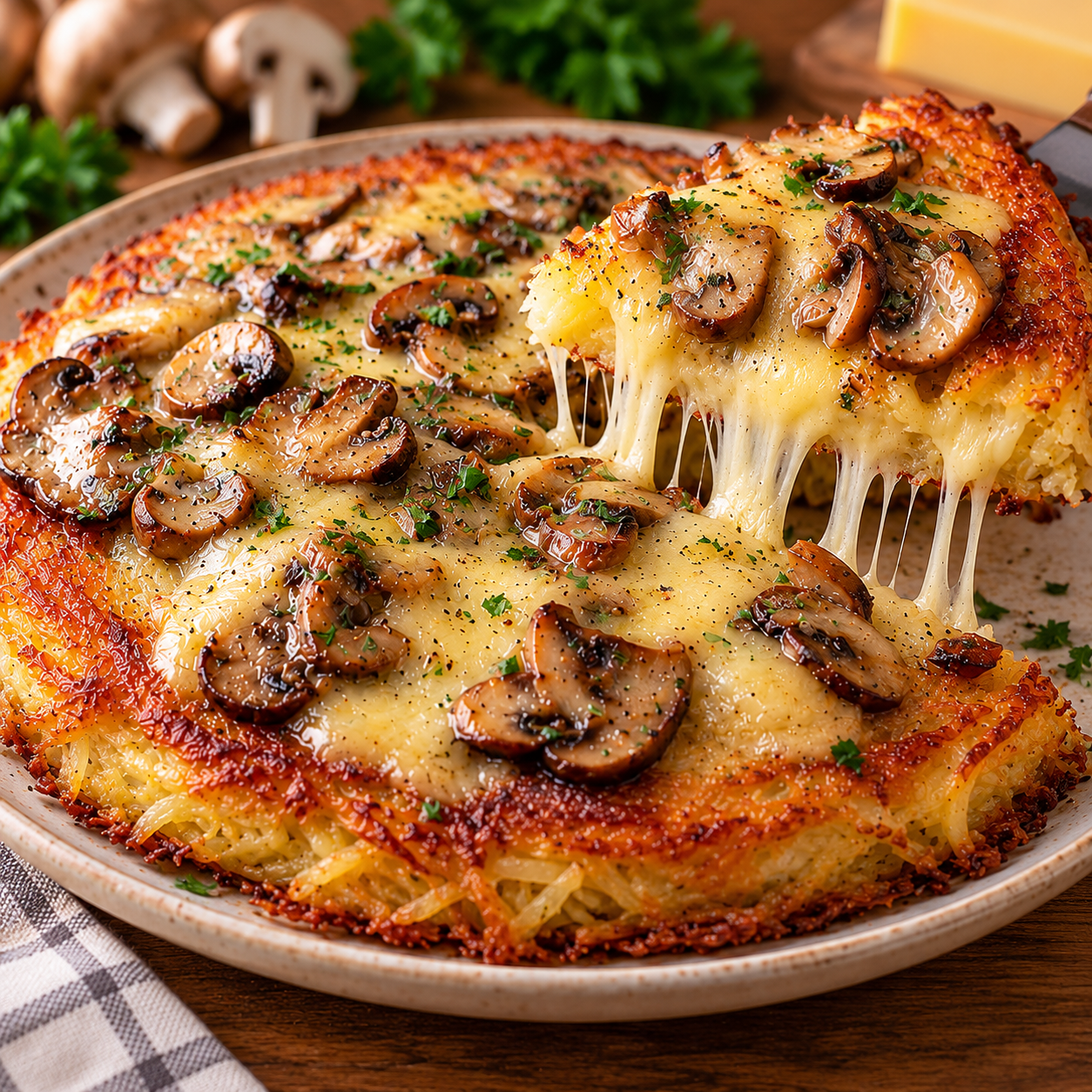 Rösti géant de pommes de terre doré et croustillant, garni de champignons poêlés, d'échalote et de comté fondu, présenté dans une grande poêle avec une croûte gratinée et appétissante.