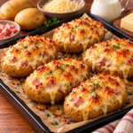 Pommes de terre farcies façon croque-monsieur au jambon et fromage gratiné, coupées en deux et garnies d'une farce crémeuse à la béchamel, recouvertes d'emmental fondu et doré, avec de la ciboulette fraîche.