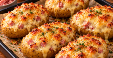 Pommes de terre farcies façon croque-monsieur au jambon et fromage gratiné, coupées en deux et garnies d'une farce crémeuse à la béchamel, recouvertes d'emmental fondu et doré, avec de la ciboulette fraîche.