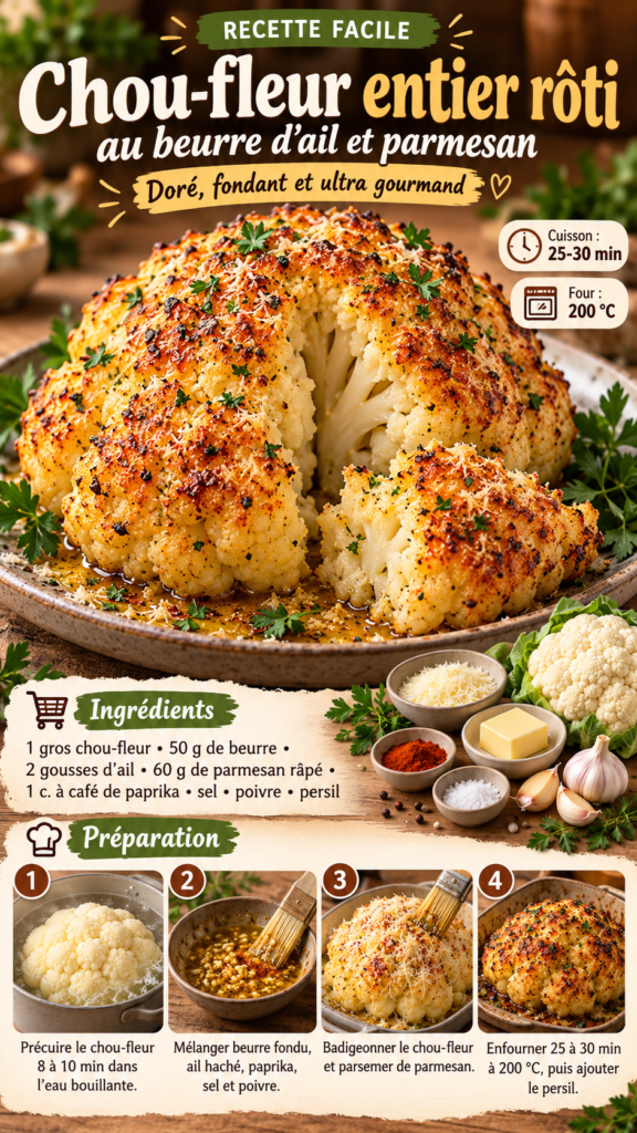 Chou-fleur entier rôti au four, recouvert de beurre à l’ail et de parmesan gratiné, avec une croûte dorée et croustillante, parsemé de persil frais dans un plat de cuisson.
