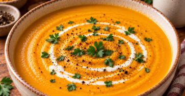 Bol de velouté de butternut au curry, lisse et crémeux, servi chaud avec un filet de crème et quelques épices.