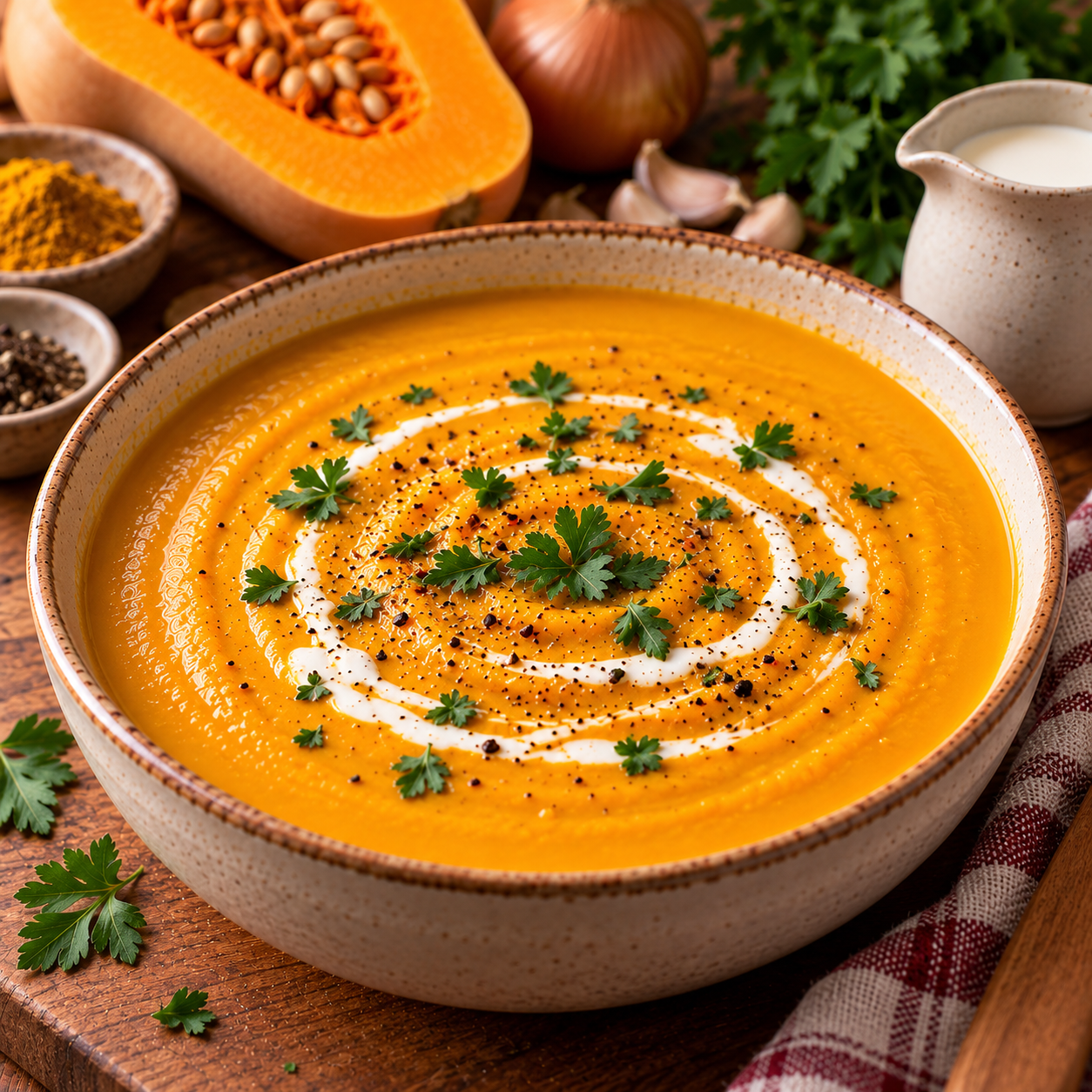 Bol de velouté de butternut au curry, lisse et crémeux, servi chaud avec un filet de crème et quelques épices.