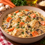 Blanquette de poulet express avec morceaux de poulet, carottes, champignons et sauce crémeuse au citron servie bien chaude.