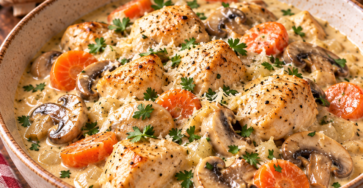 Blanquette de poulet express avec morceaux de poulet, carottes, champignons et sauce crémeuse au citron servie bien chaude.
