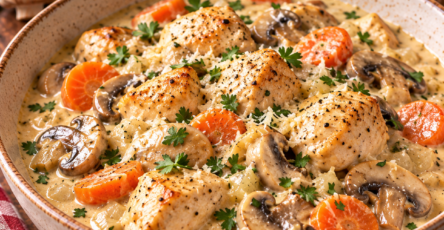 Blanquette de poulet express avec morceaux de poulet, carottes, champignons et sauce crémeuse au citron servie bien chaude.