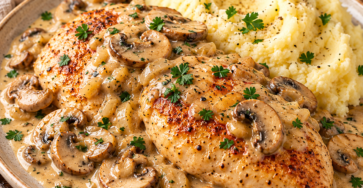 Poulet crémeux à la moutarde et aux champignons dans une sauce onctueuse, servi chaud avec du thym frais.