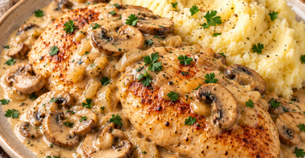 Poulet crémeux à la moutarde et aux champignons dans une sauce onctueuse, servi chaud avec du thym frais.